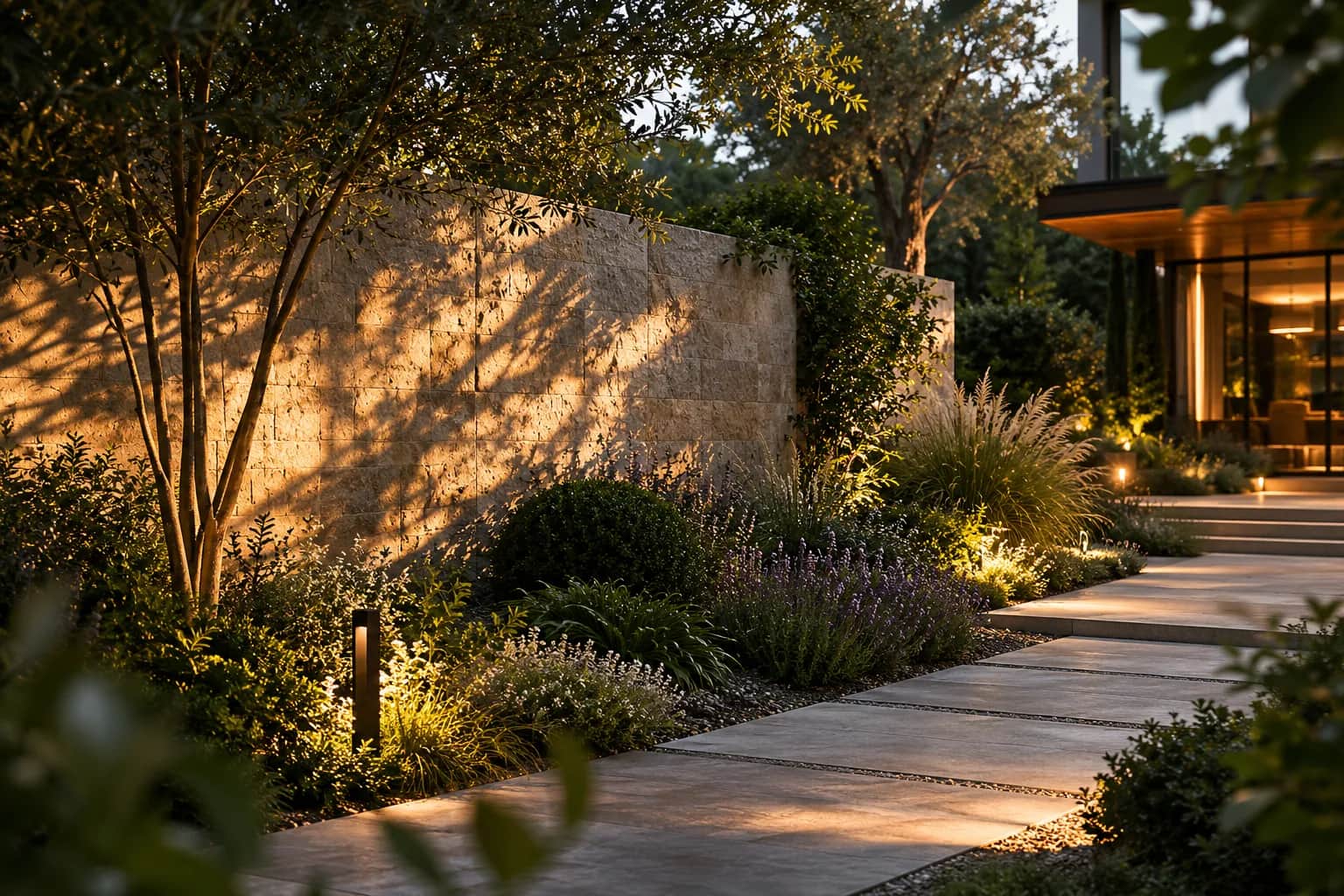 Natural garden landscape with stone pathway and lush greenery