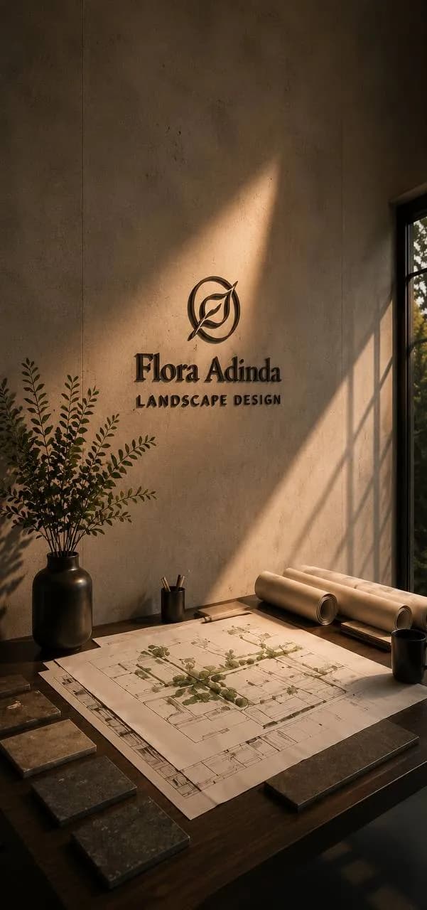 Landscape design studio with project drawings and natural elements