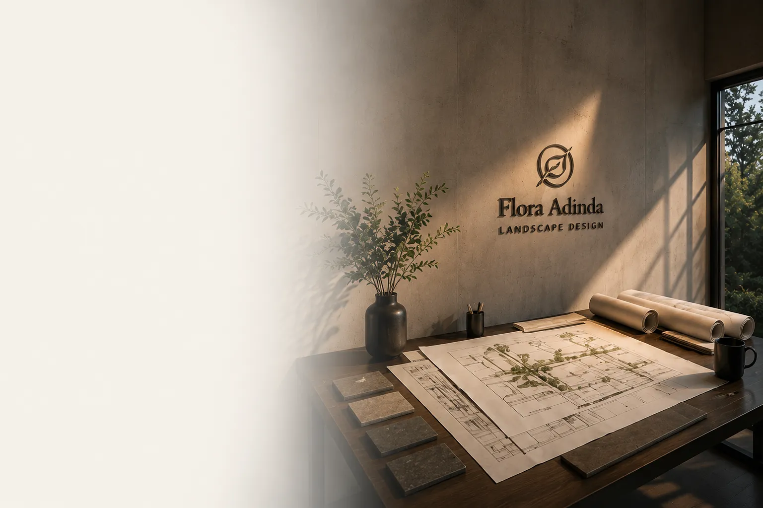 Landscape design studio with project drawings and natural elements