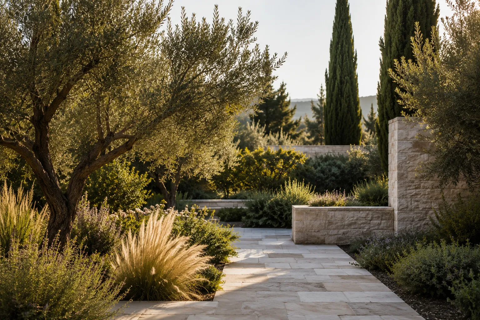 Natural garden pathway designed with Mediterranean planting